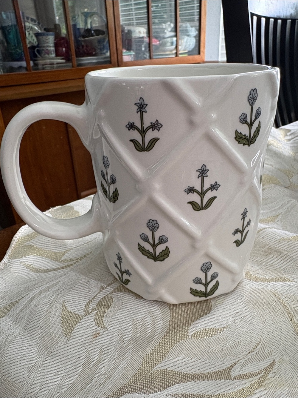 White Floral Quilted Ceramic Mug with Blue Flower Accents - Picture 3 of 4